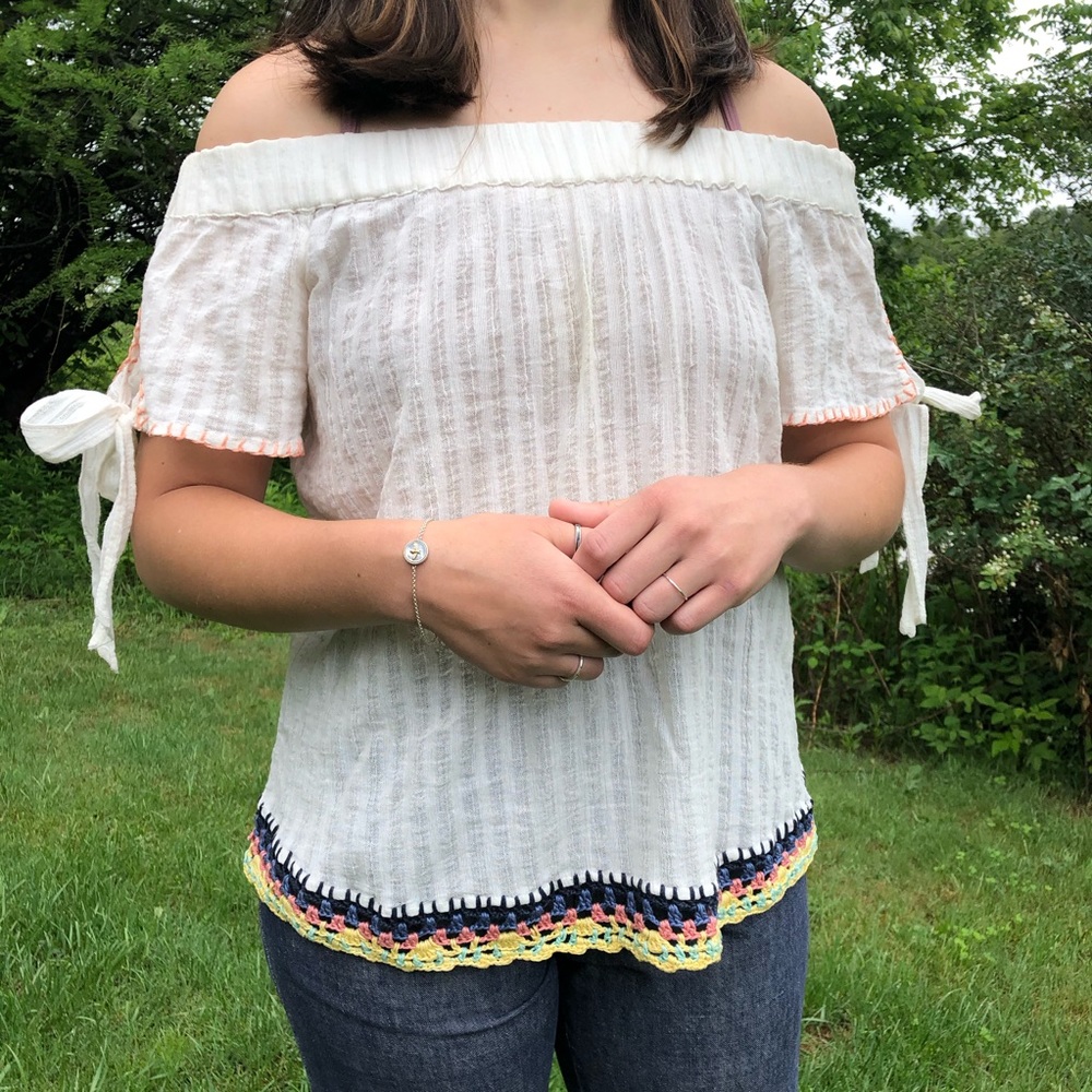 off the shoulder top with crochet hem